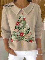 Women'sChristmas TreePrint Casual Peter Pan Collar 3/4 Sleeve Sweater