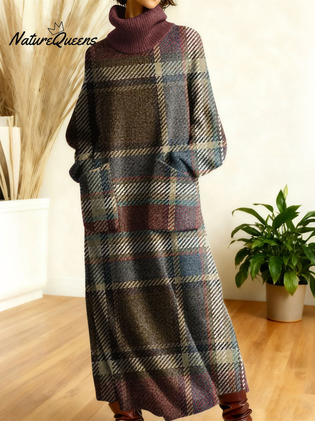 Women's Retro Colors And Plaid Patterns Art High-neck Long-sleeve Casual Loose Knit Dress