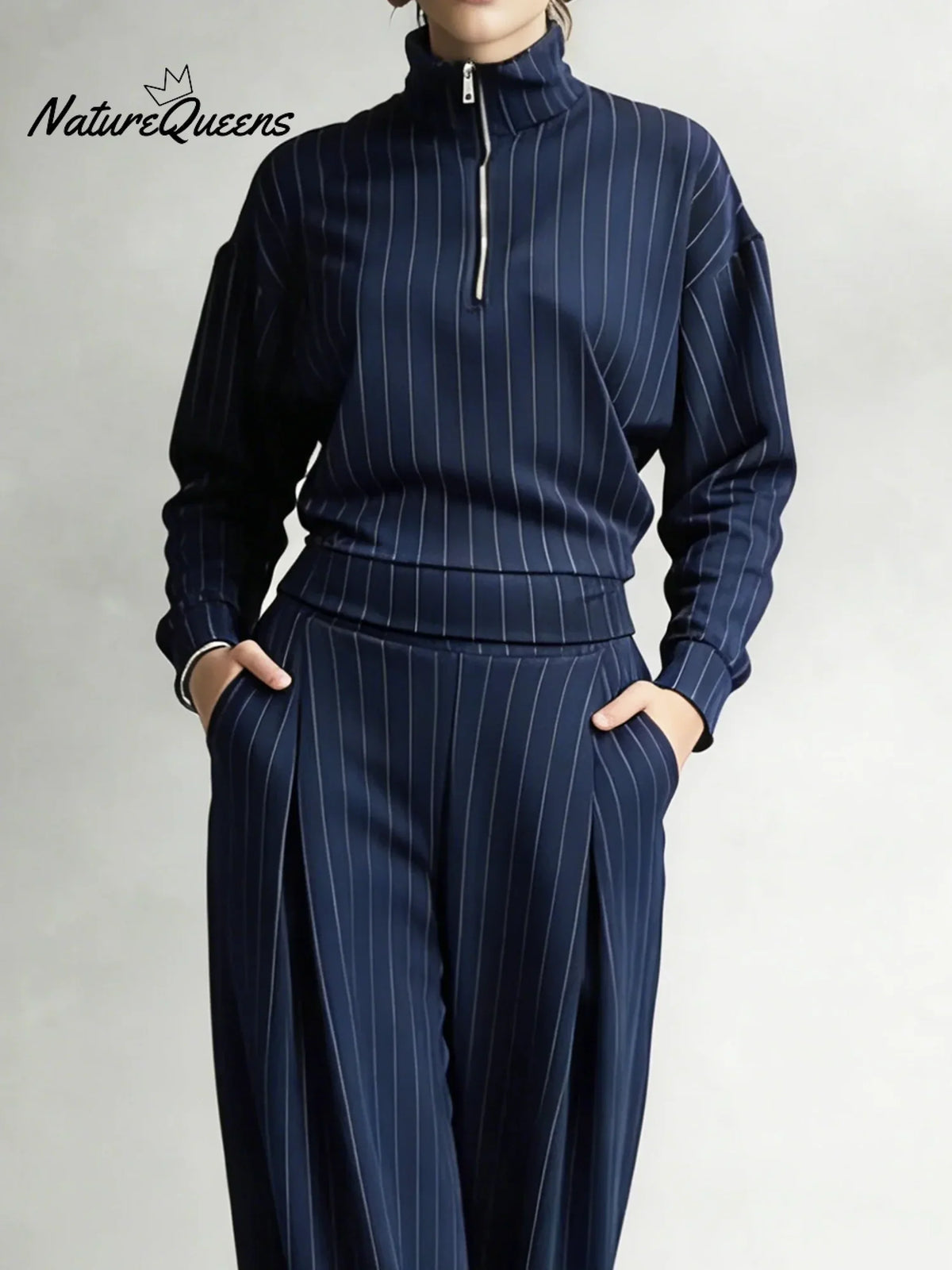 Women's Striped Stretch Cotton Half-zip Top And Wide-leg Pants Two-piece Set