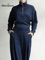 Women's Striped Stretch Cotton Half-zip Top And Wide-leg Pants Two-piece Set