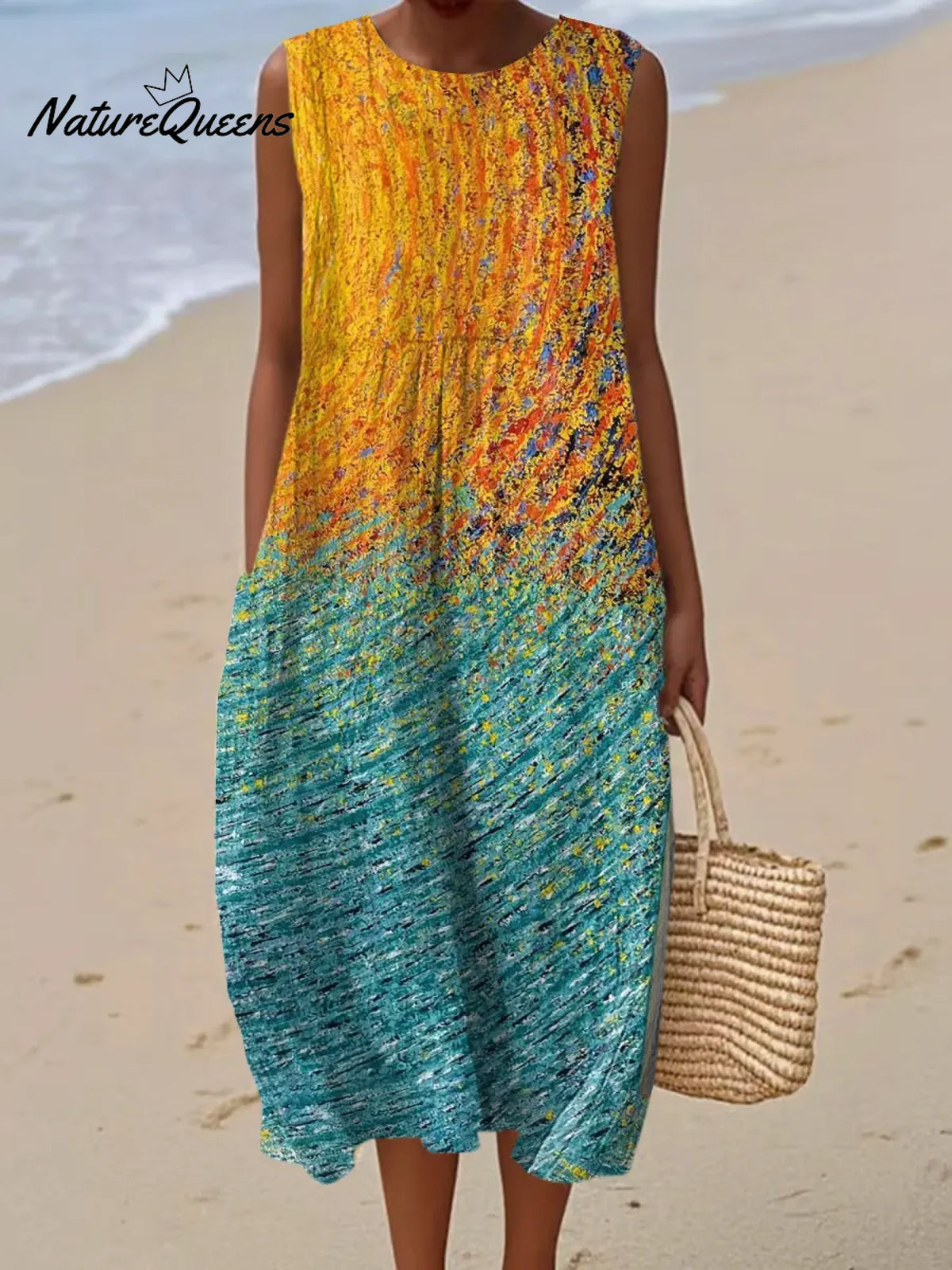 Women's Vintage Painting Geometry Art Print Sleeveless Cotton Pocket Wrap Dress