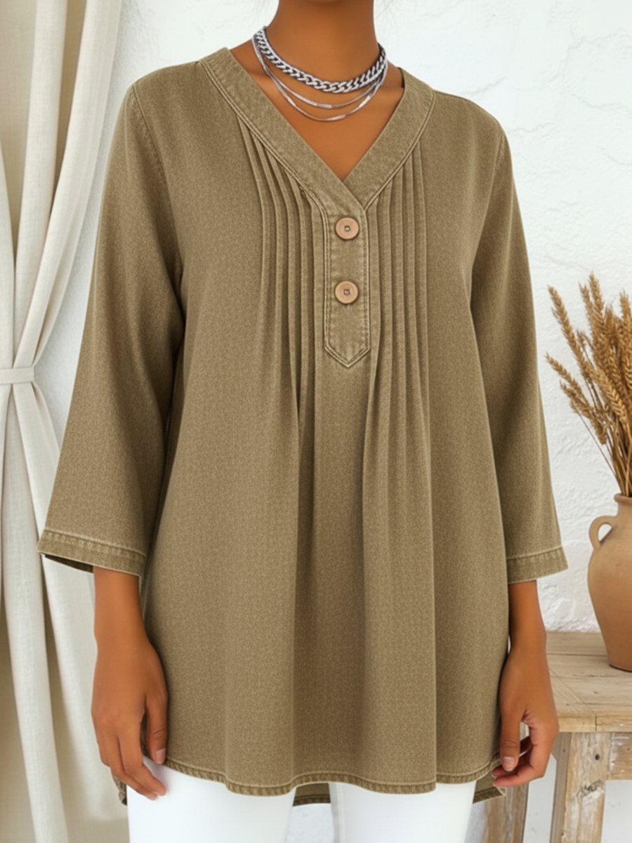 Casual V-neck Pleated Button-up Denim Cotton Top