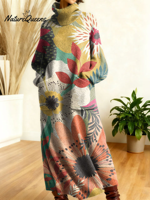 Women's Retro Color Flowers Gradient High-neck Long-sleeve Casual Loose Knit Dress