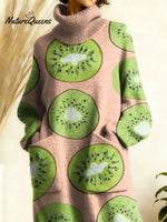 Women's Retro Fruit High-neck Long-sleeve Casual Loose Knit Dress