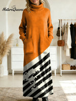 Women's Retro Abstract Geometric Colorful Splicing Patterns Art High-neck Long-sleeve Casual Loose Knit Dress