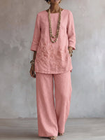 Women's Embroidered 3/4-sleeve Top And Wide-leg Pants Two-piece Set