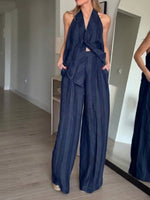 Stylish Casual Striped Backless Linen-cotton Top And Wide-leg Pants Two-piece Set