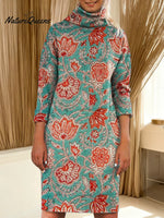Women's Floral Art Print Casual Turtleneck Cotton Knitted Sweater Dress