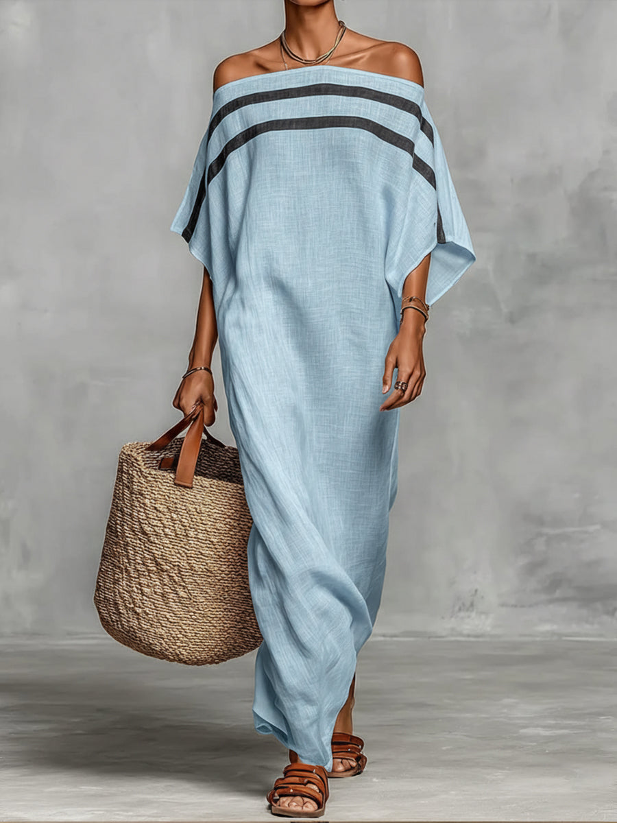 Off-the-shoulder, Straight-neck Linen And Cotton Dress