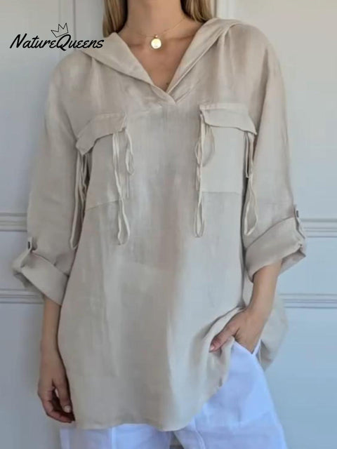 Women's Casual Pocket Cotton and Linen Hooded Top