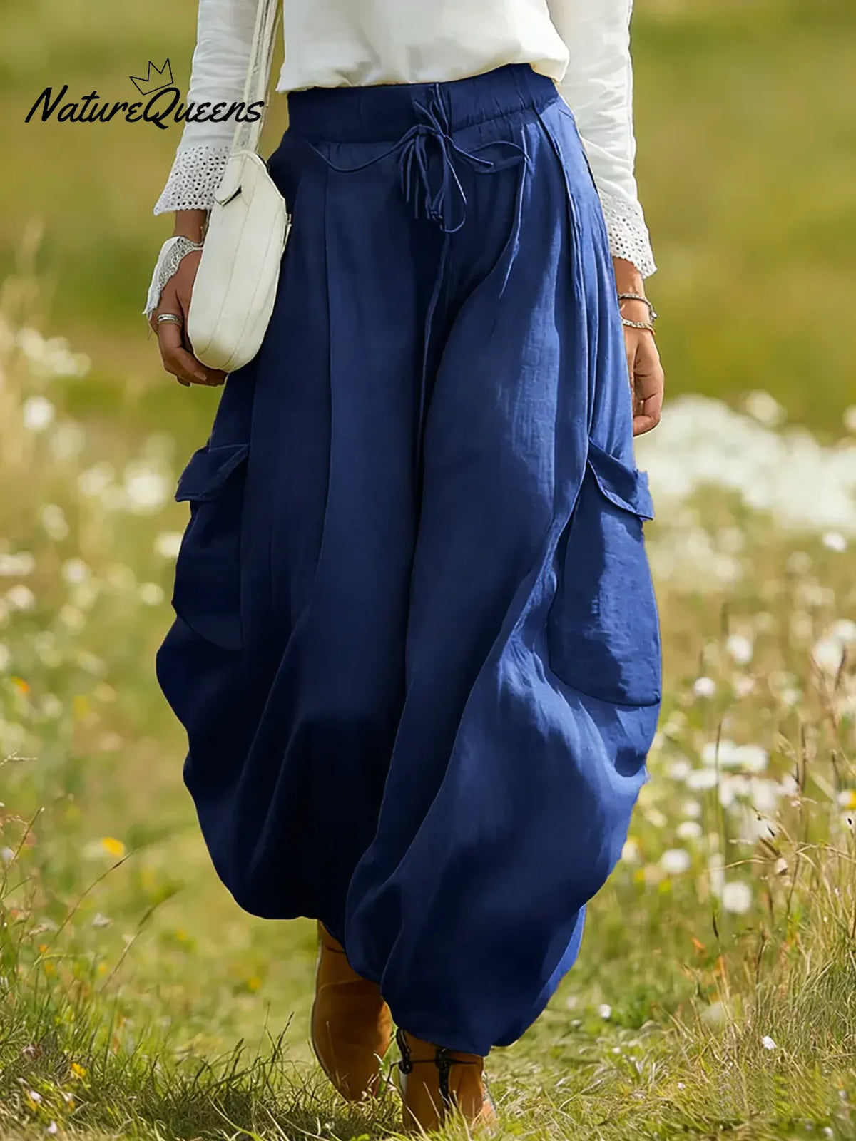 Women's Solid Color High-waisted Drawstring Casual Loose Cotton Wide-leg Pants