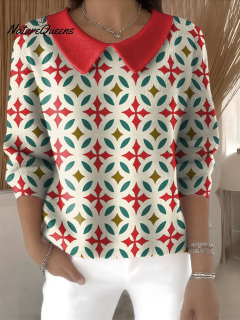 Christmas Geometric Floral Decorative Patterns Women's Casual Peter Pan Collar 3/4 Sleeve Sweater
