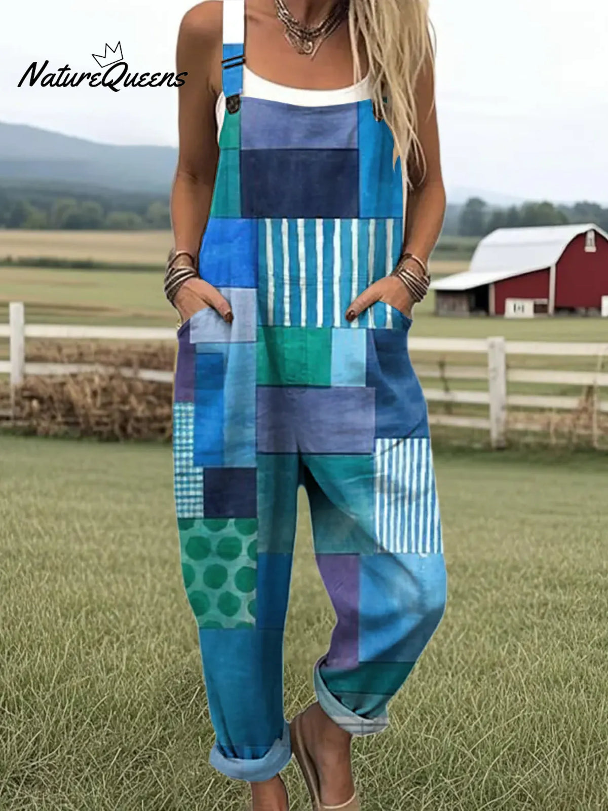 Women's Vintage Geometric Lines Art Print Casual 100% Cotton Wide Leg Jumpsuit