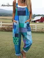 Women's Vintage Geometric Lines Art Print Casual 100% Cotton Wide Leg Jumpsuit