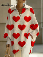 Women's Valentine's Day Heart Art Print Casual Knit Sweater