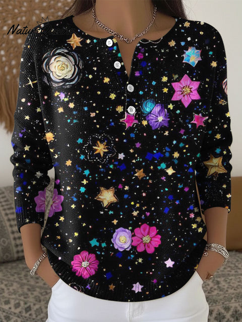 Women's Color Flowers Black Pattern Art Print Buttoned Cardigan Sweater