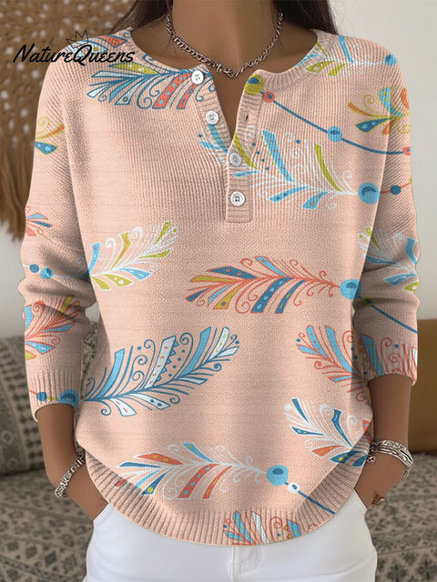 Women's Multicolor Feathers Pattern Art Print Buttoned Cardigan Sweater