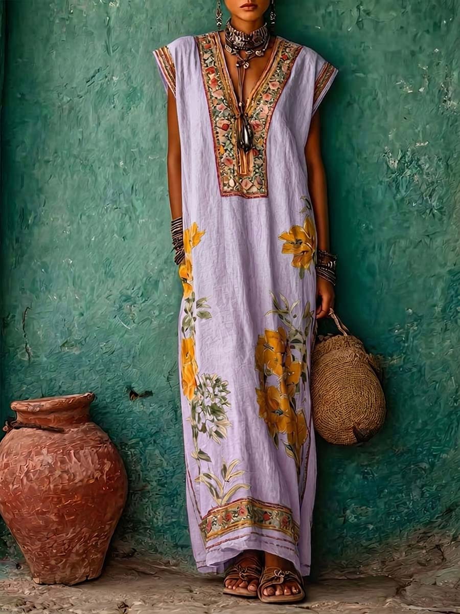 Women's Vintage-print V-neck Sleeveless Loose-fit Cotton-linen Casual Dress