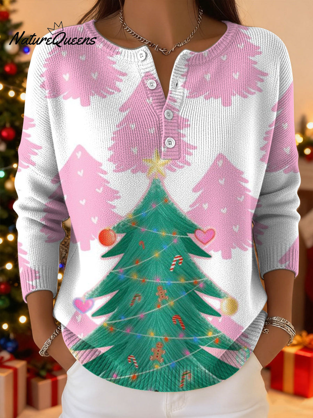 Women's Christmas Trees Pattern Art Print Buttoned Cardigan Sweater