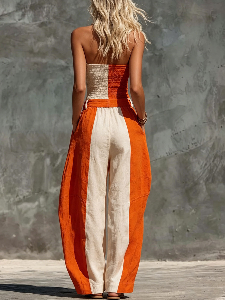Women's Contrasting Orange And Ecru Off-the-shoulder Cotton-linen Jumpsuit