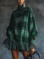 Women's Plaid Print High-neck Long-sleeved Casual Loose-fitting Cotton Linen Top