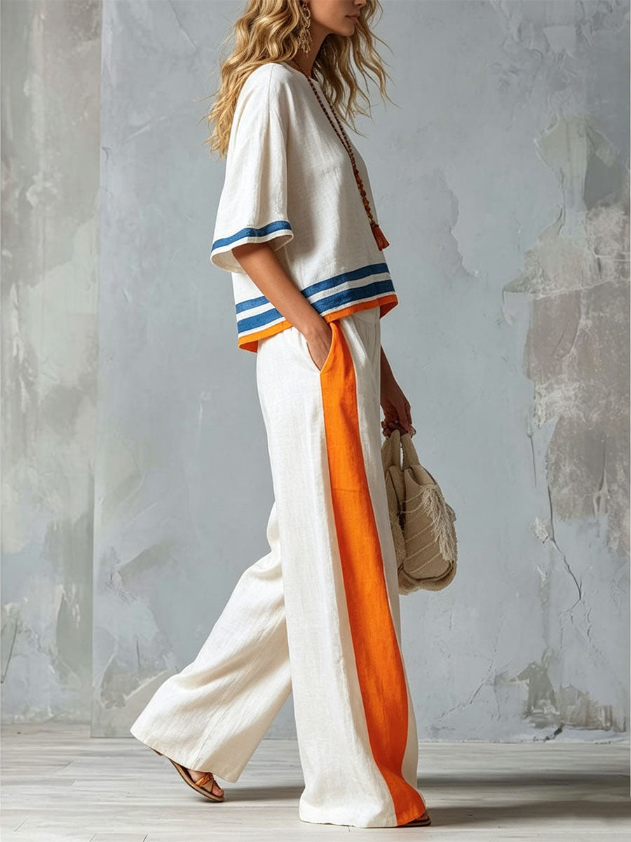 Women's Striped Color-block Loose Vacation Round Neck Short-sleeve Top And Wide-leg Pants Two-piece Set