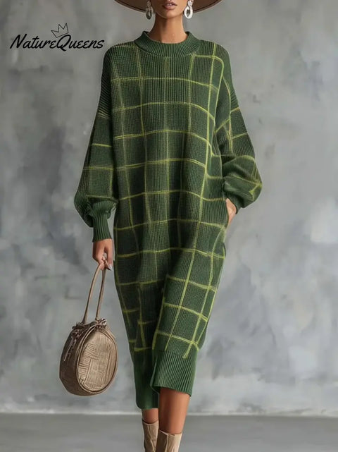 Women's Plaid Print Round Neck Long-sleeved Casual Loose Knit Dress