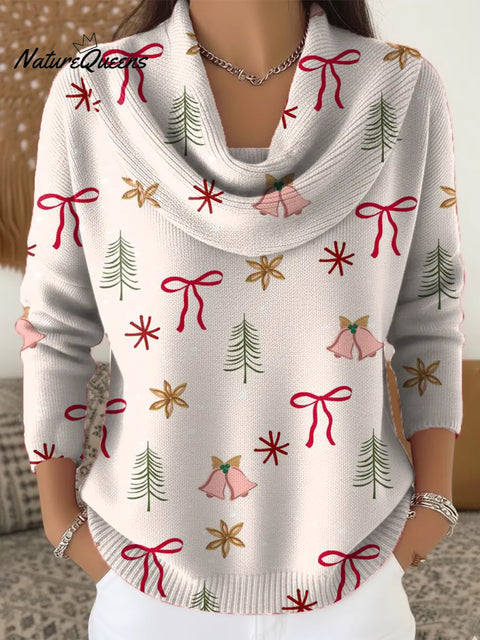 Women's Christmas Tree Pattern Art Print Casual Cowl Neck Sweater