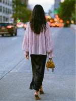 Women Vintage Pleated Frill Mandarin Collar Voluminous Bishop Sleeve Blouse