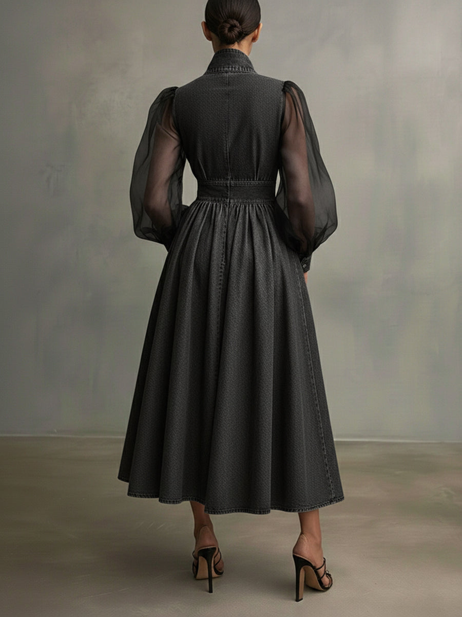 Stylish Denim Dress With Organza Sleeves And Buttons