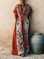 Women's Casual Loose Cotton-linen Dress With V-neck Short Sleeves And Placement Print