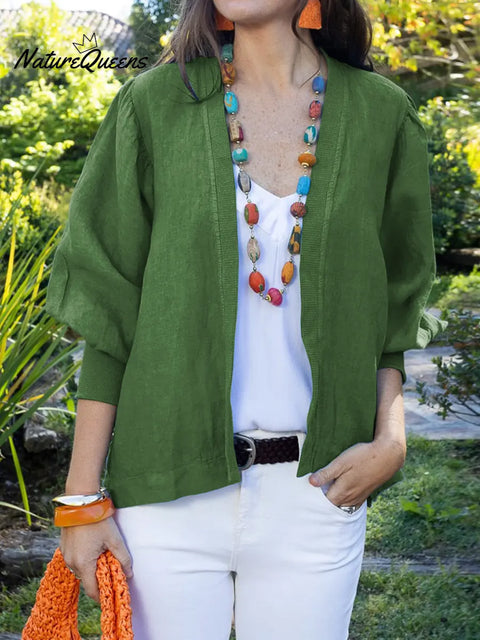 Women's Solid Color Cardigan Collar Long Sleeve Casual Loose Cotton Linen Cardigan