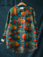 Women's Vintage Fish Art Print Casual Cotton And Linen Shirt