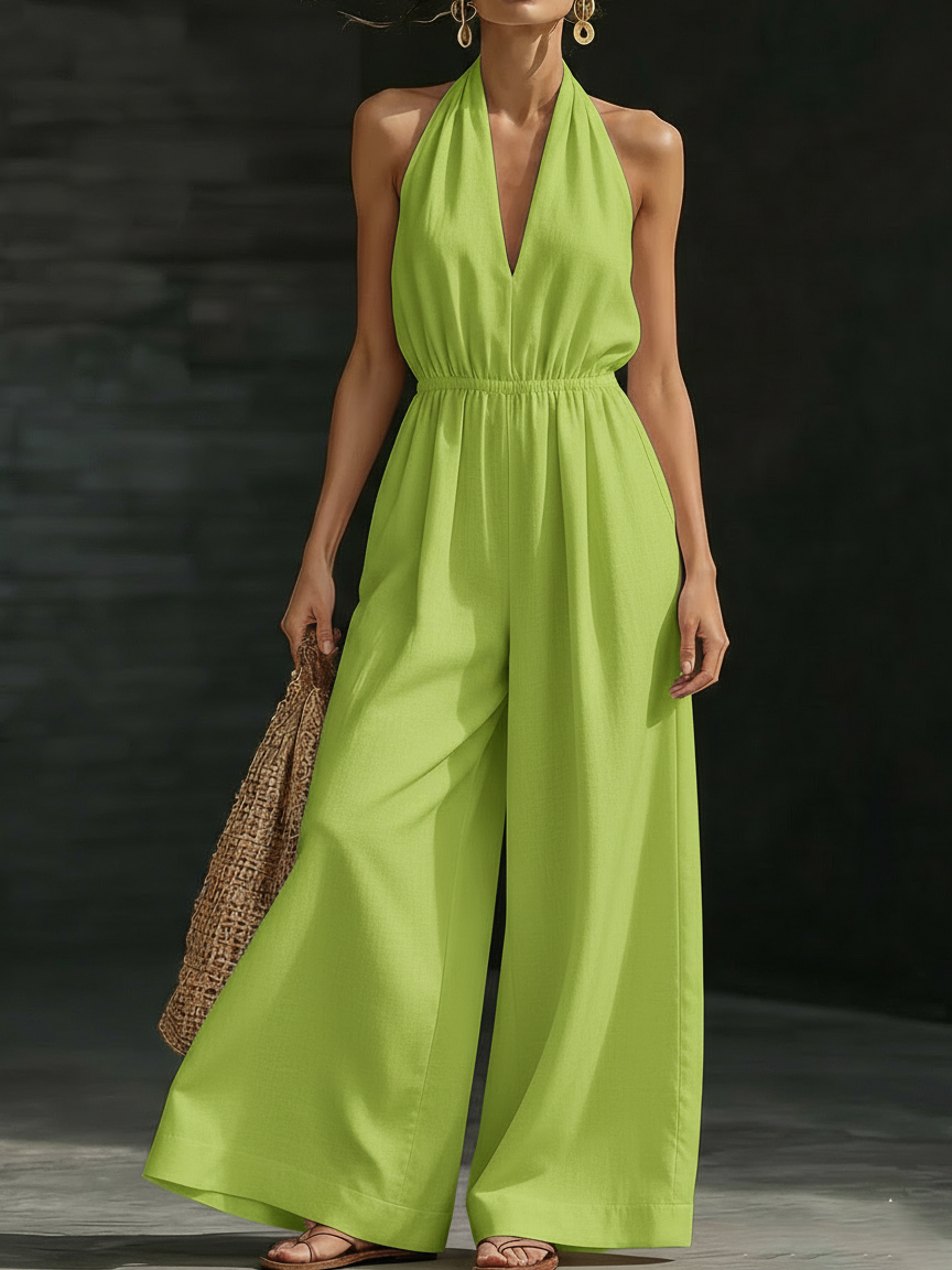 Minimalist And Elegant Halter-neck Wide-leg Linen Jumpsuit
