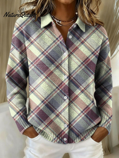 Classic plaid decorative pattern Women's Casual Shirt Collar Sweater