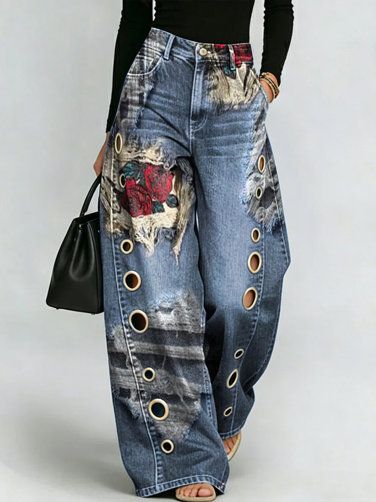 Rose-print Distressed Wide-leg Jeans With Frayed Hems And Metal Eyelets