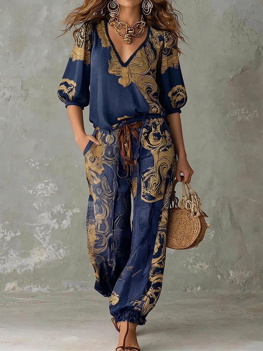 Bohemian Retro Vacation-style Printed V-neck Shirt