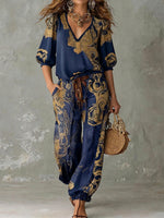 Bohemian Retro Vacation-style Printed V-neck Shirt