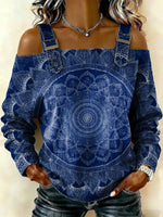 Women‘s Vintage Art Patterns Print Casual Cotton Denim Shirt