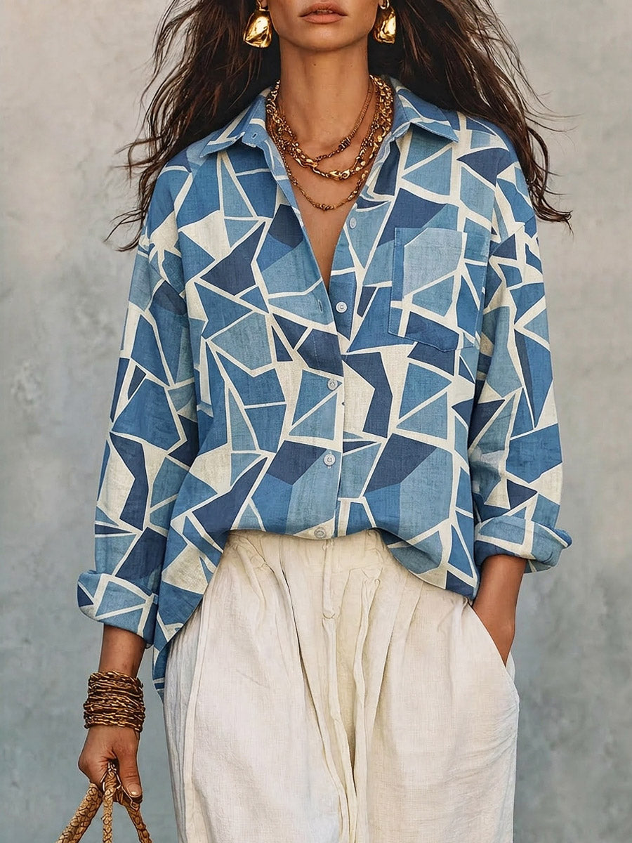 Women's Geometric Pattern Art Casual Stylish Long Sleeve Cotton Linen Shirt