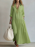 Cozy Shirt Collar Solid-color Linen-cotton Dress