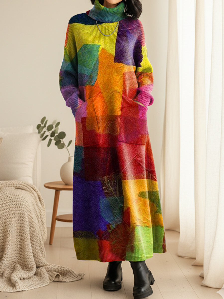 Women's Retro Colorful Print Casual Cotton Knitted Dress