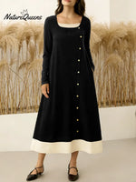 Women's Round Neck Long-sleeved Casual Loose Color-blocked Dress
