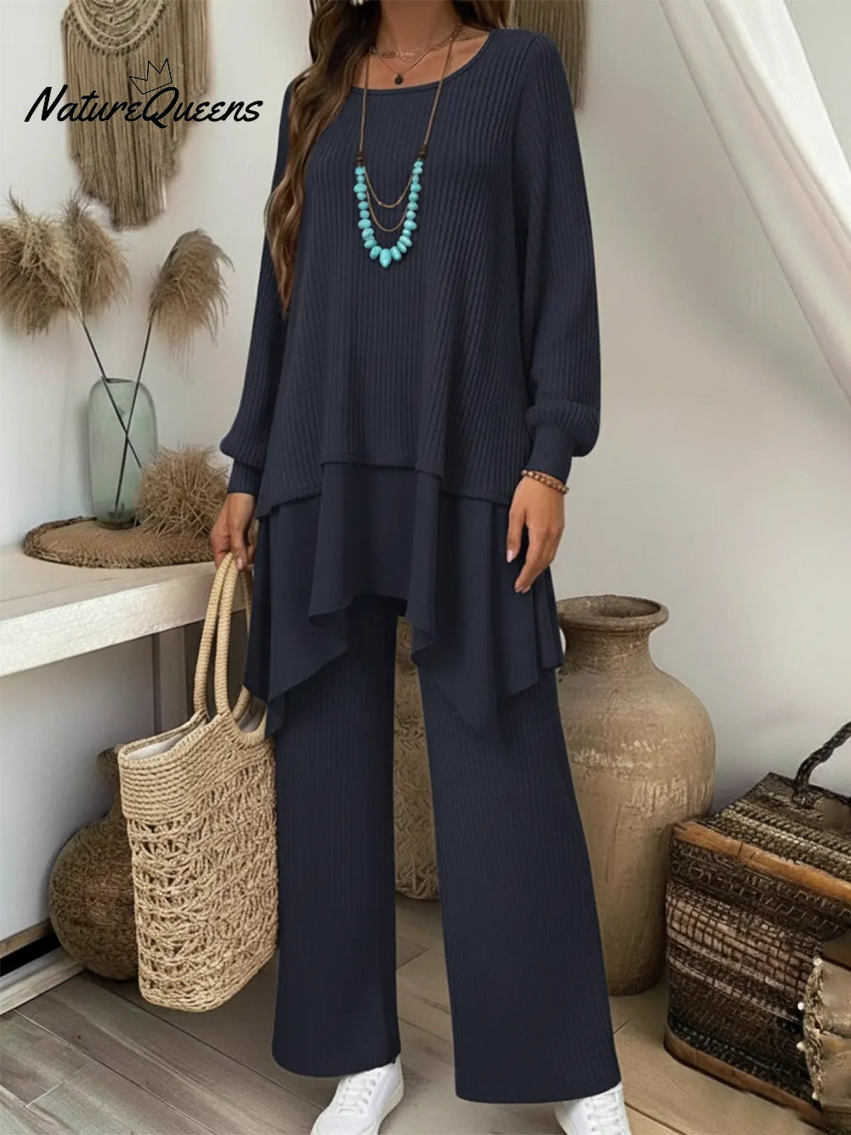 Cozy Travel Outing Knitted Patchwork Top And Pants Two-piece Set