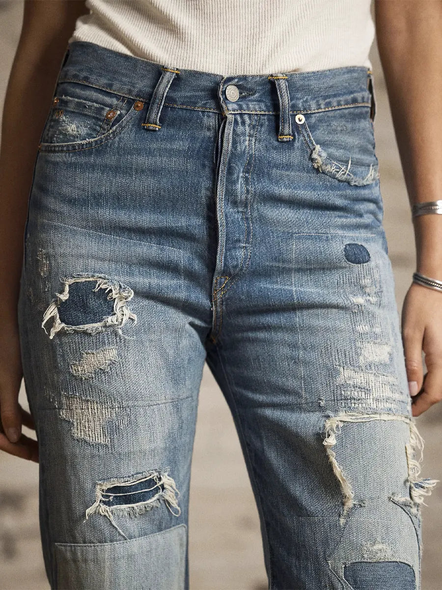 Women's Vintage Pattern Art Print Casual Cotton Denim Jeans