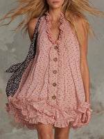 Polka-dot Sleeveless Halter-neck Cropped Dress With Lettuce-edge Detailing And A Single-breasted Front.