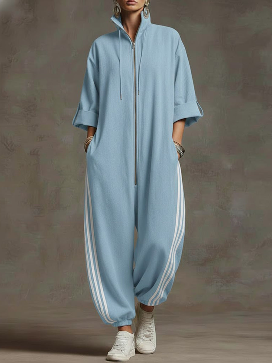 Women's Stand-collar 3/4 Sleeve Casual Loose Hooded Linen Jumpsuit