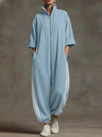 Women's Stand-collar 3/4 Sleeve Casual Loose Hooded Linen Jumpsuit