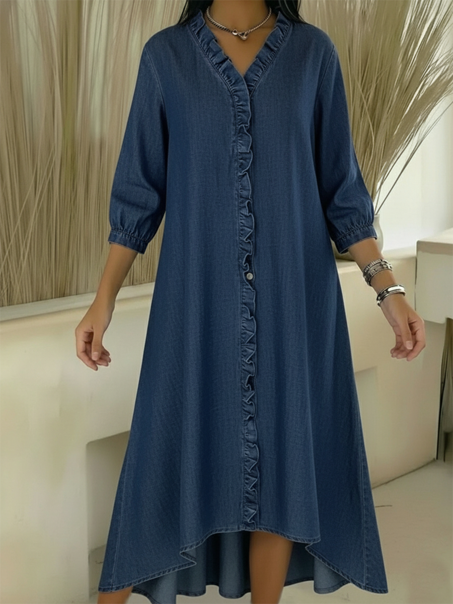 Casual Denim V-neck Ruffled Dress
