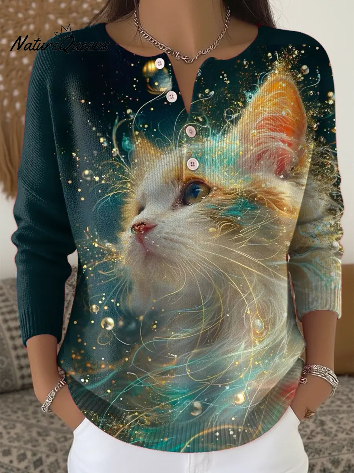 Women's Funny Cat Pattern Art Print Casual Cardigan Sweater